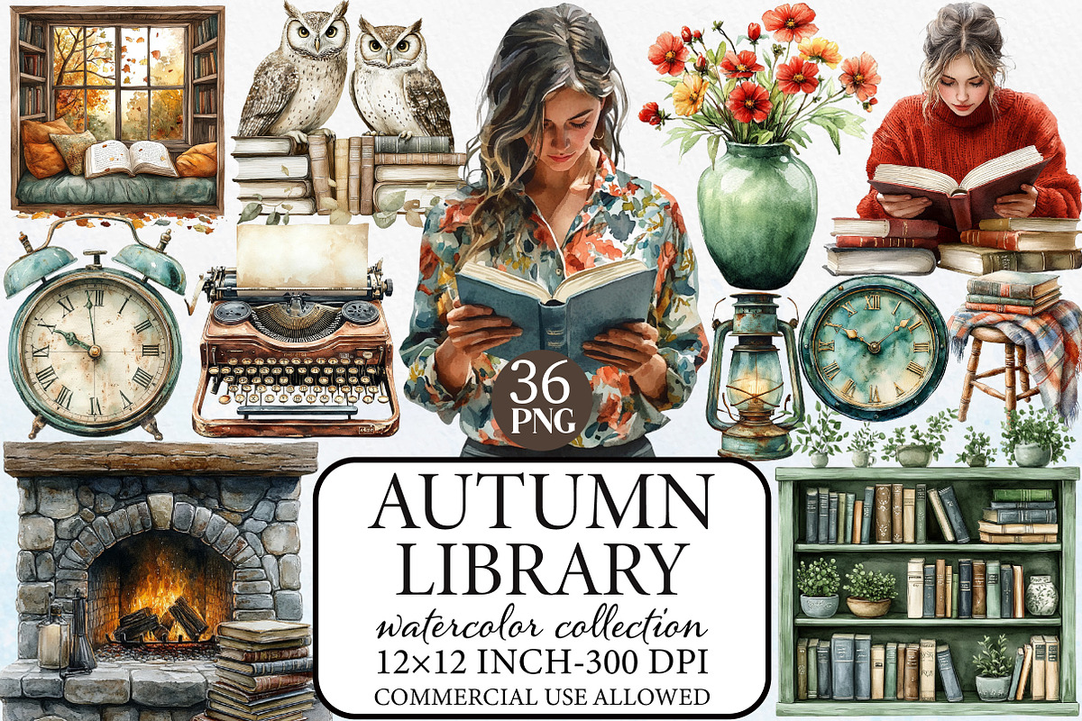 Watercolor Autumn Library Clipart, an Illustration by Libby Wishes (Photo 1 of 7)