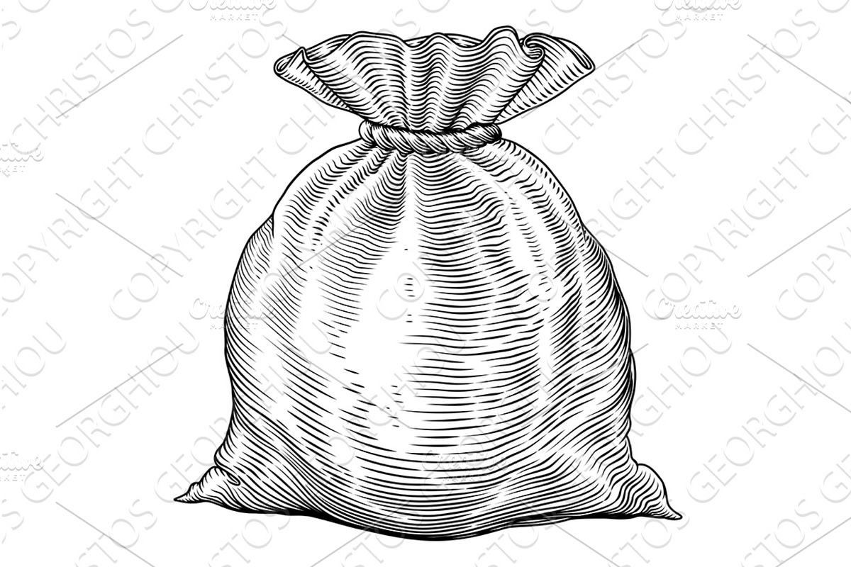 Sack Bag in Vintage Woodcut Etching, an Object Illustration by Christos Georghiou