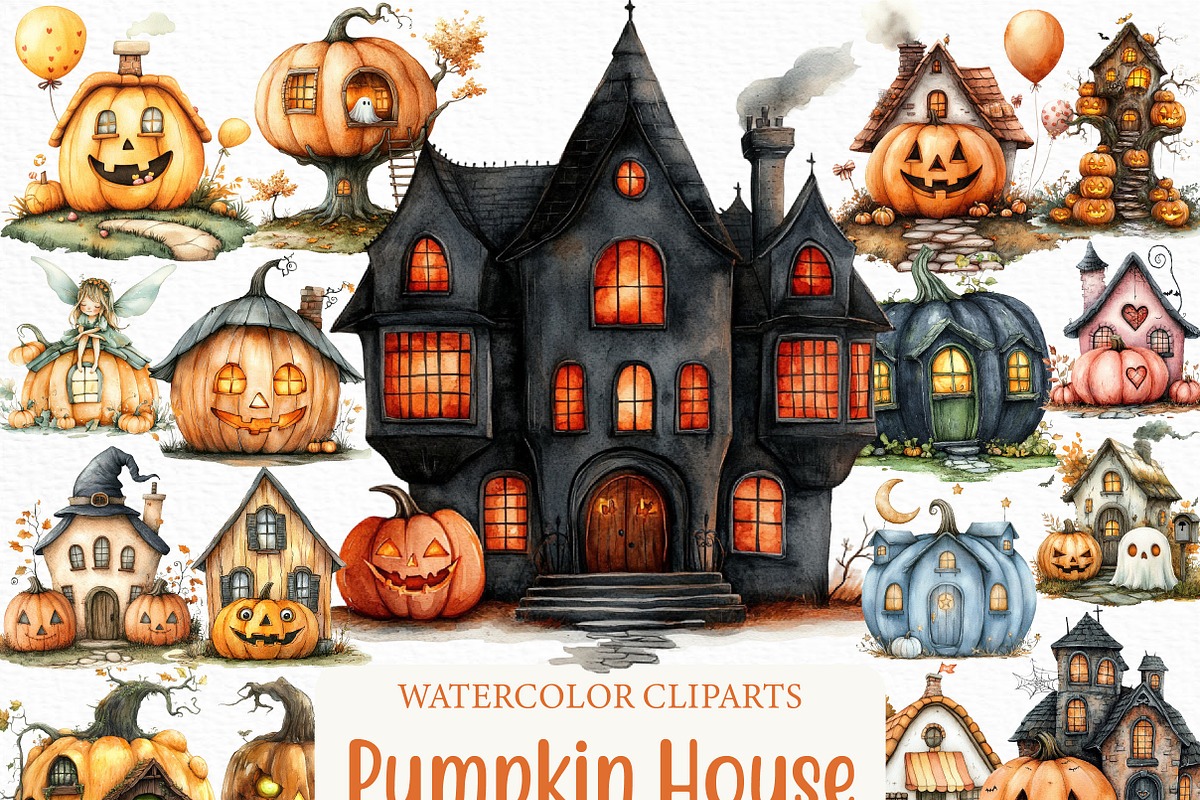 Halloween Pumpkin House Clipart, an Illustration by Craft Nest (Photo 1 of 6)