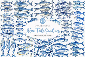 Blue Toile Sardines PNG, an Illustration by SinaCreation