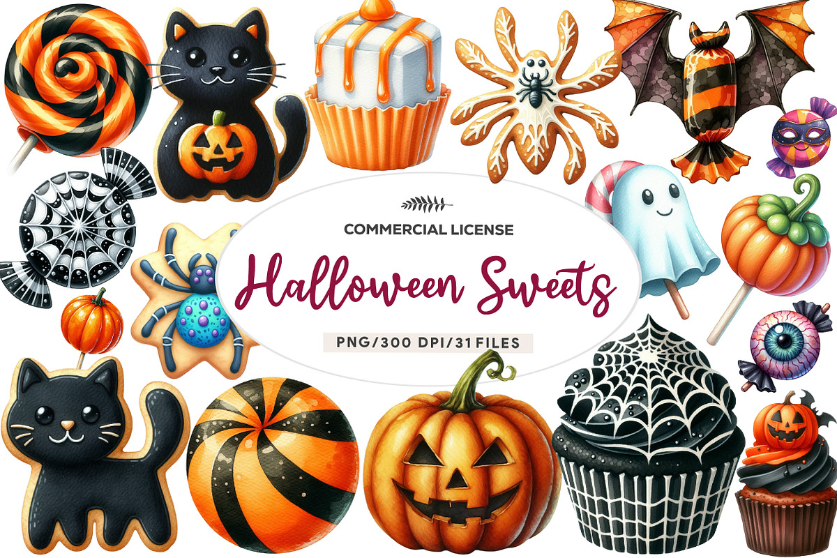 Watercolor Halloween Sweets Clipart, an Illustration by CreationArt (Photo 1 of 6)