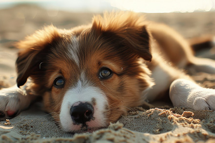 Adorable Tri-Colored Aussie Puppy Relaxes on Sandy Beach - Gener, an Animal Photo by José Manuel Gelpi