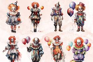 Watercolor Halloween Clown Clipart