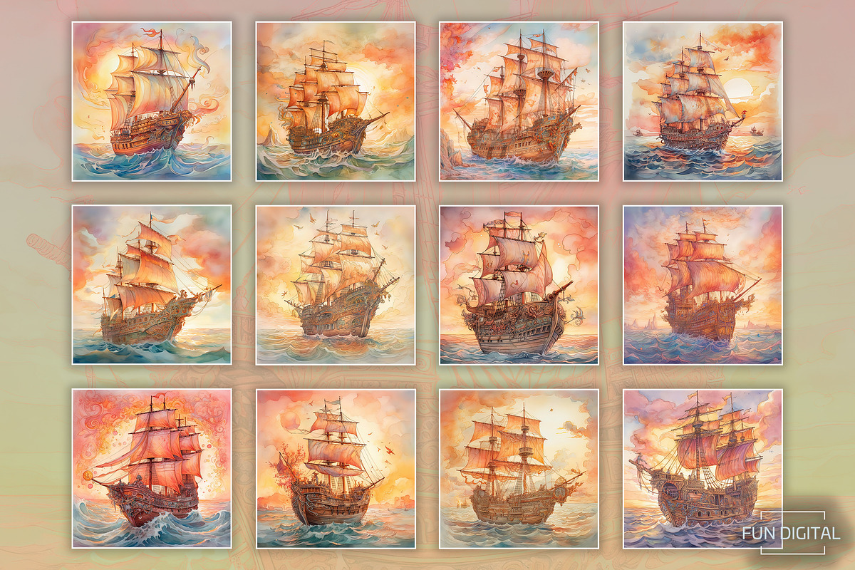 Watercolor Old Ship Voyage, a Background Graphic by Fun Digital (Photo 3 of 3)
