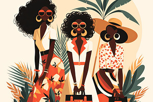Stylish African Women Posing in Vibrant Fashion Amidst Tropical Background, a Photo by AS photostudio