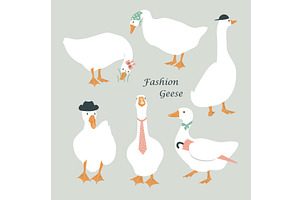 Set Of Cute Dressed Geese. Goose In