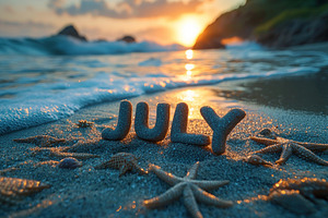 JULY spelled with textured sand letters on a beach at sunset w, a Nature Photo by José Manuel Gelpi