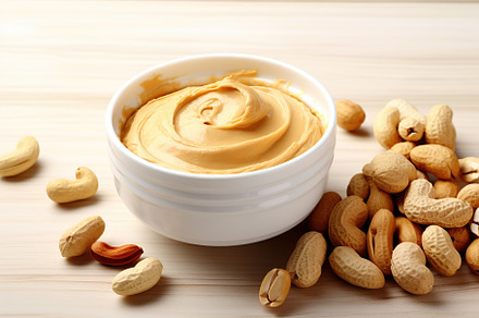 Bowl with peanut butter on wooden background, a Food & Drink Photo by AlyaAnd