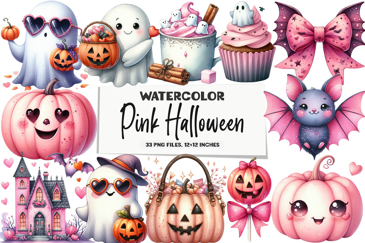 Cute Halloween Clipart, Pink, an Illustration by DreamArtGraphic (Photo 1 of 4)