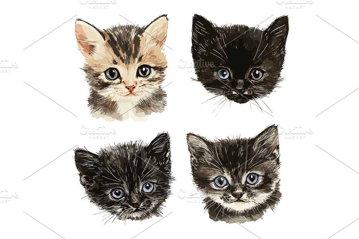 Kitten Portraits Watercolor Hand, an Animal Illustration by LadadikArt