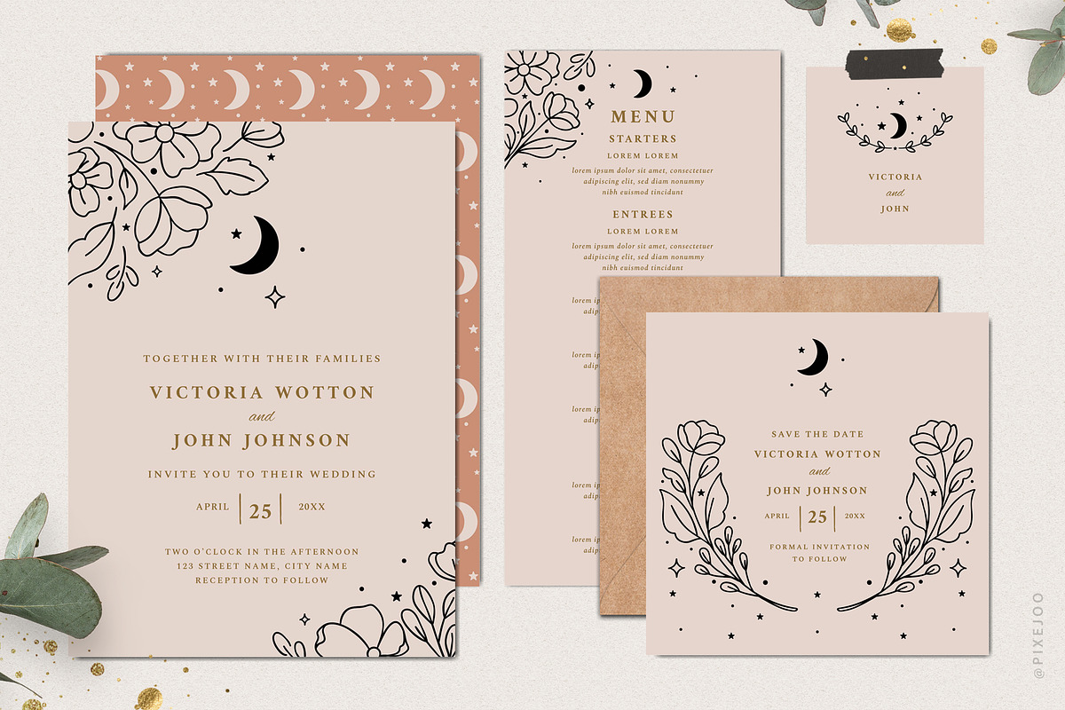 Rustic Boho Wedding Suite, a Stationery Template by Pixejoo (Photo 1 of 7)