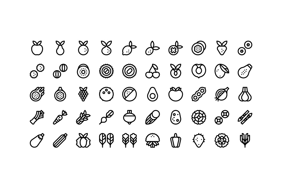 50 Fruit and Vegetable Icons, an Outline Icon by Side Project (Photo 2 of 7)