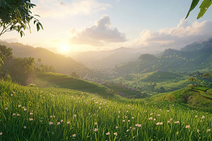 Rolling rice terraces in a lush landscape at sunrise in rural Asia, a Nature Photo by AlyaAnd