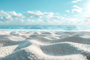 Sand on beach on blue sky and ocean background, a Photo by AlyaAnd
