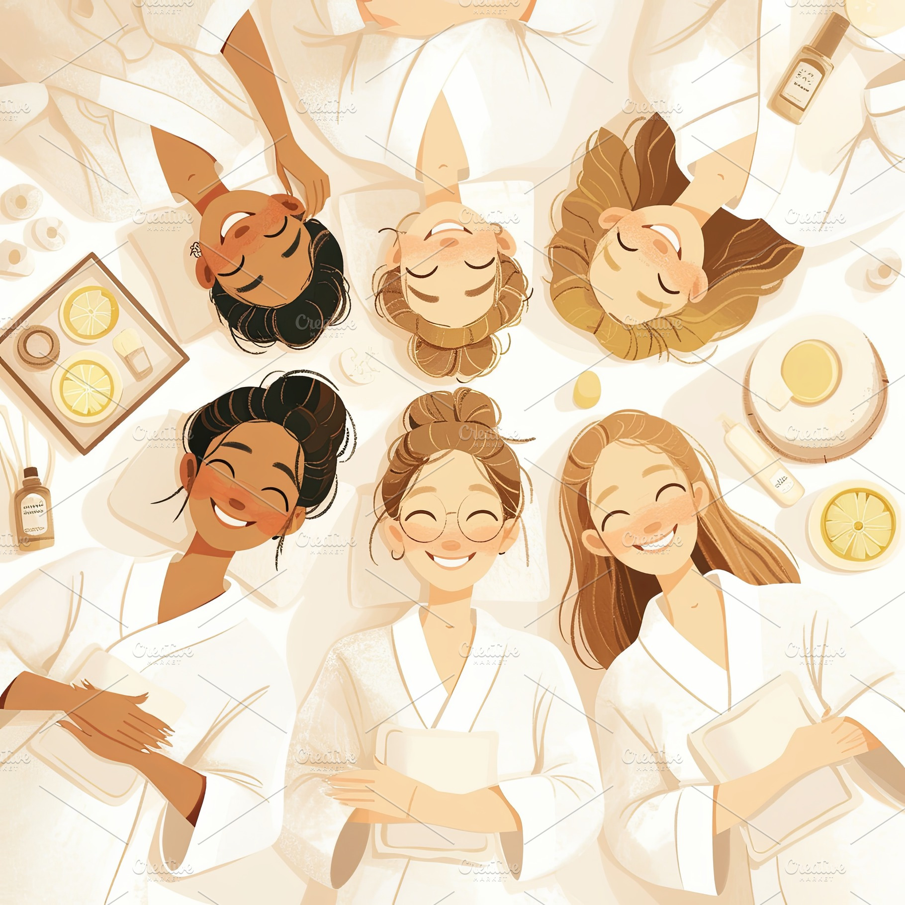 Group of diverse friends enjoying relaxation in spa robes with skincare product, a Photo by AS photostudio