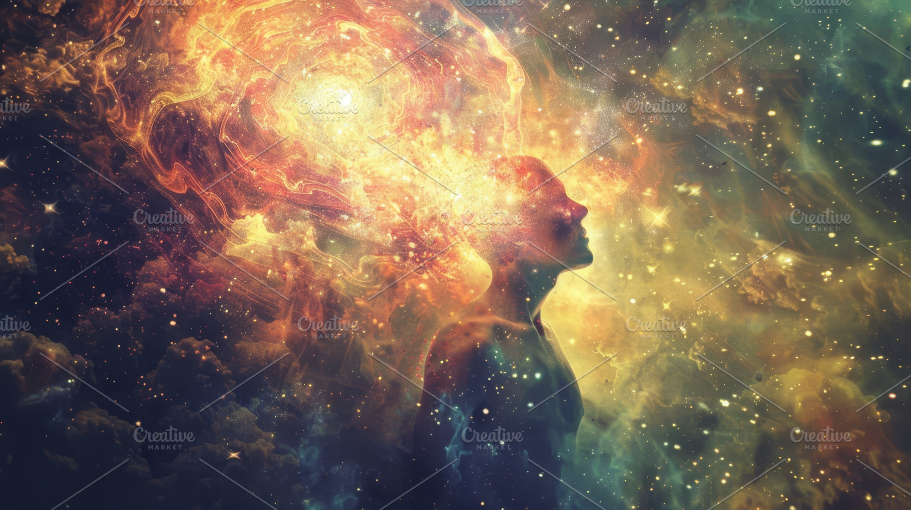 A human in a cosmic galaxy, a Photo by Mashimara