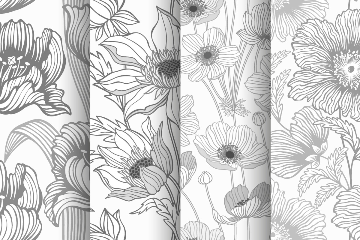 set of seamless monochrome flowers