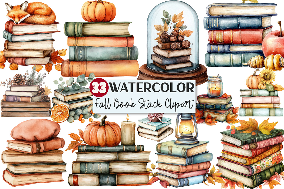 Watercolor Fall Book Stack Clipart, an Illustration by Rose Art (Photo 1 of 7)