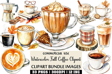 Watercolor Fall Coffee Clipart, an Illustration by VintageArt