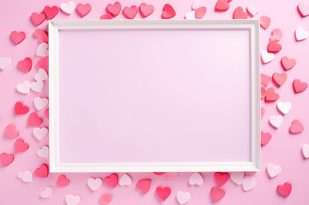 Valentine's Day composition. Photo frame and hearts on pastel pink background., a Holiday Photo by Natalia Klenova's Shop