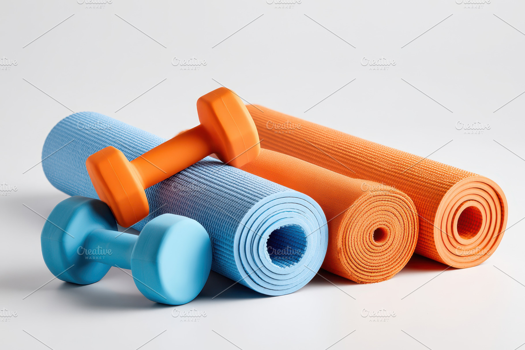 Blue and orange yoga mats with dumbbells, a Sports & Recreation Photo by AlyaAnd