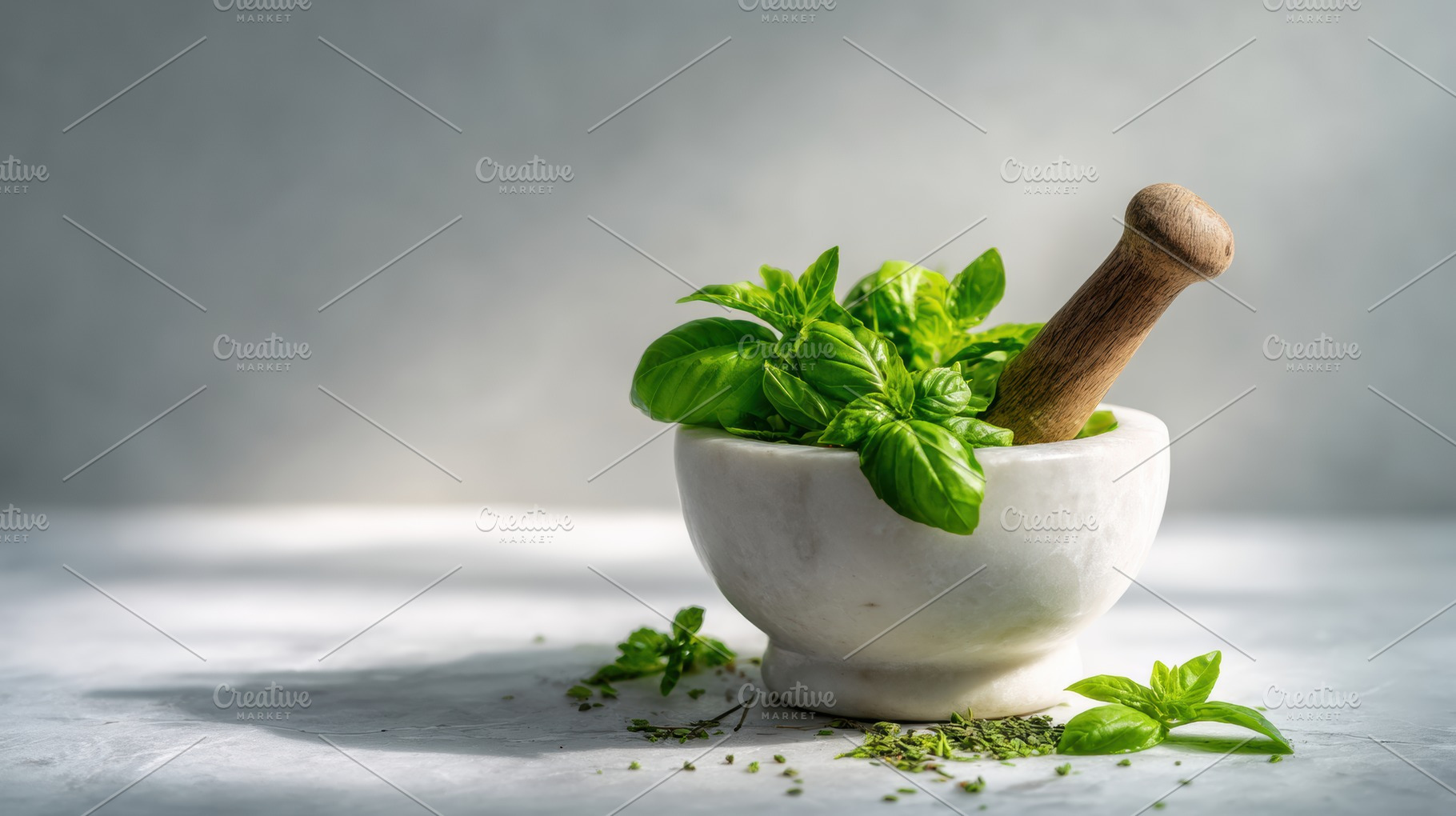 Fresh basil leaves in marble mortar, a Food & Drink Photo by Virgo Studio