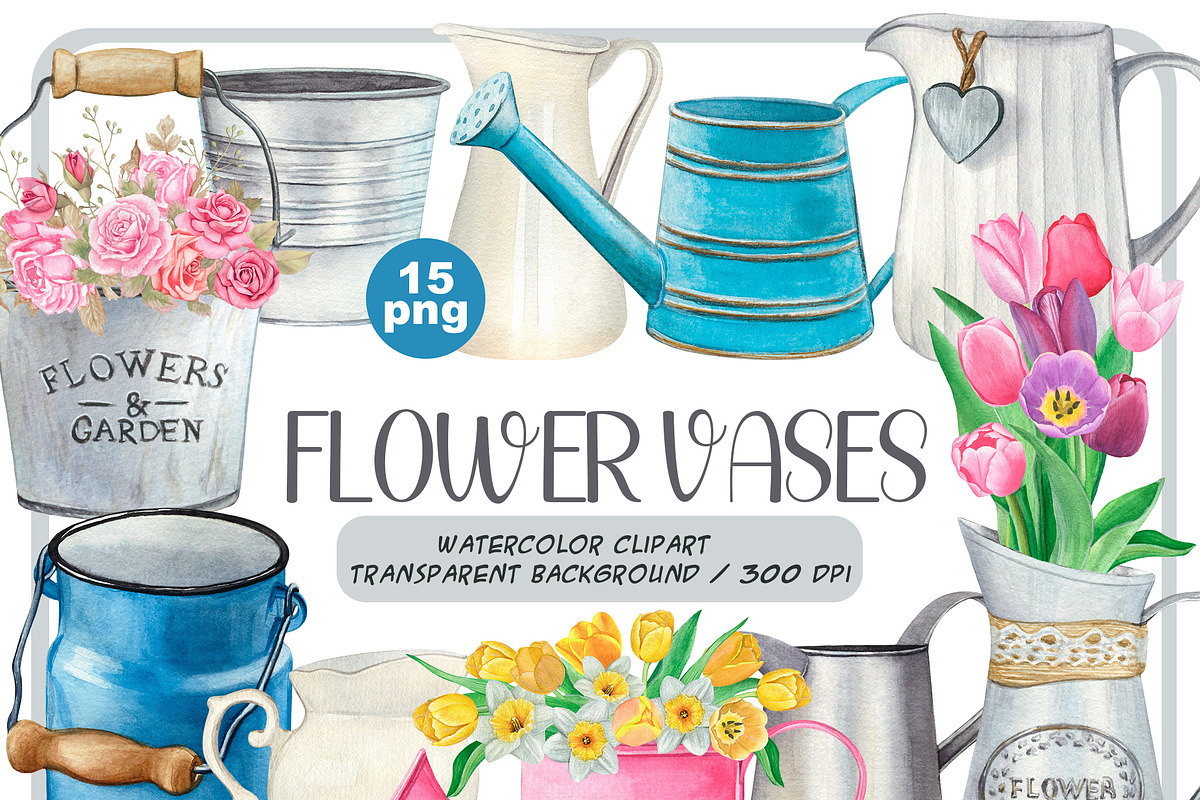 Watercolor flower vases clipart, an Illustration by ArtfulStudio (Photo 1 of 10)