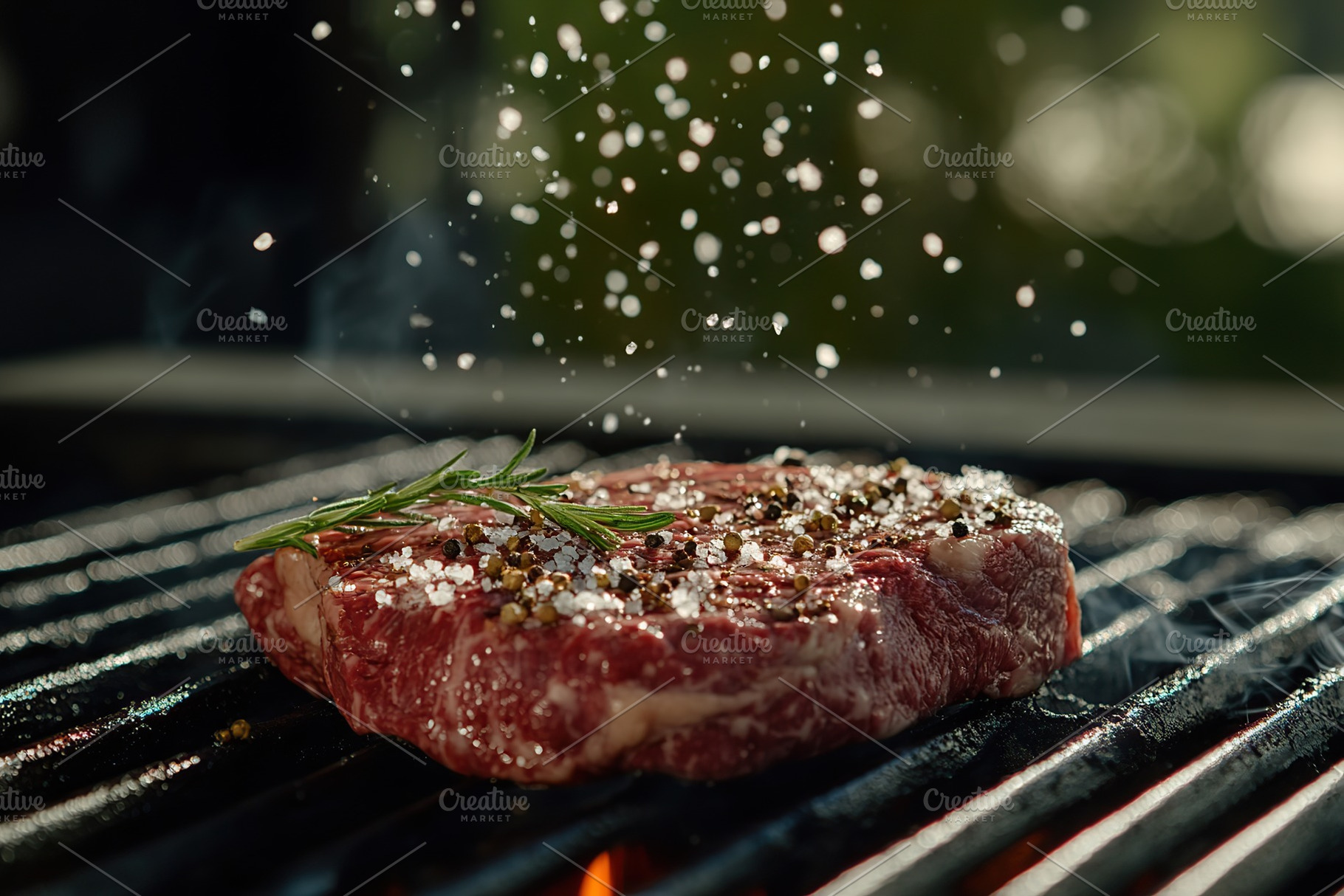 Grilling a seasoned steak with herbs on a barbecue outdoors on a sunny day, a Food & Drink Photo by AlyaAnd
