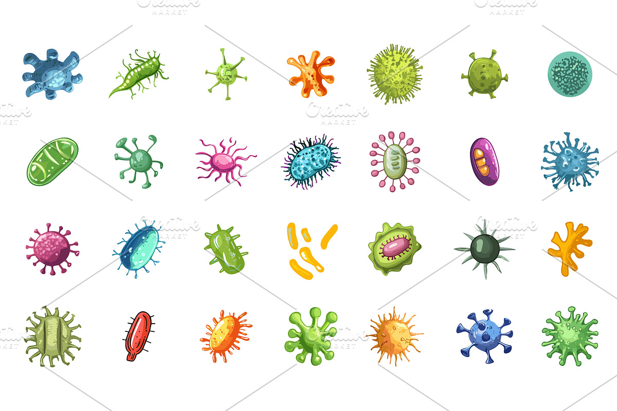 Bacteria and virus icons. Microbe, an Illustration by Valerie Bodnar