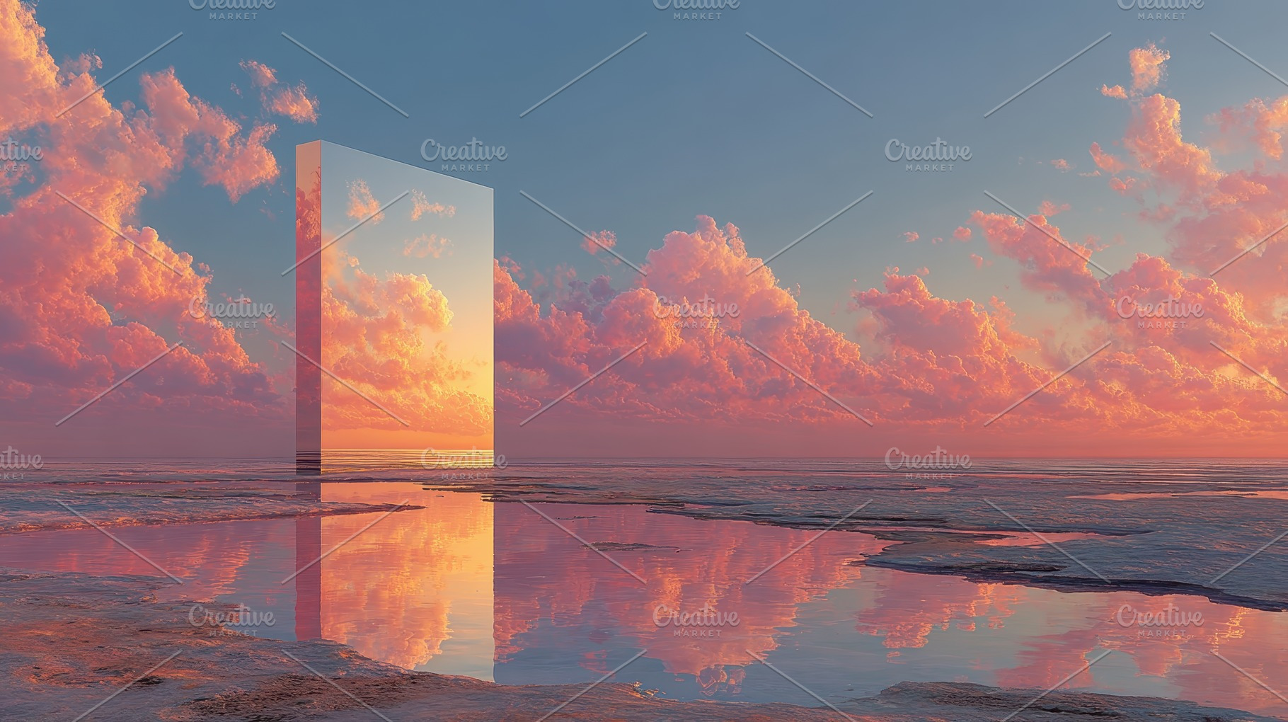 Surreal sunset landscape mirrored mo, a Photo by Pixeness Studio