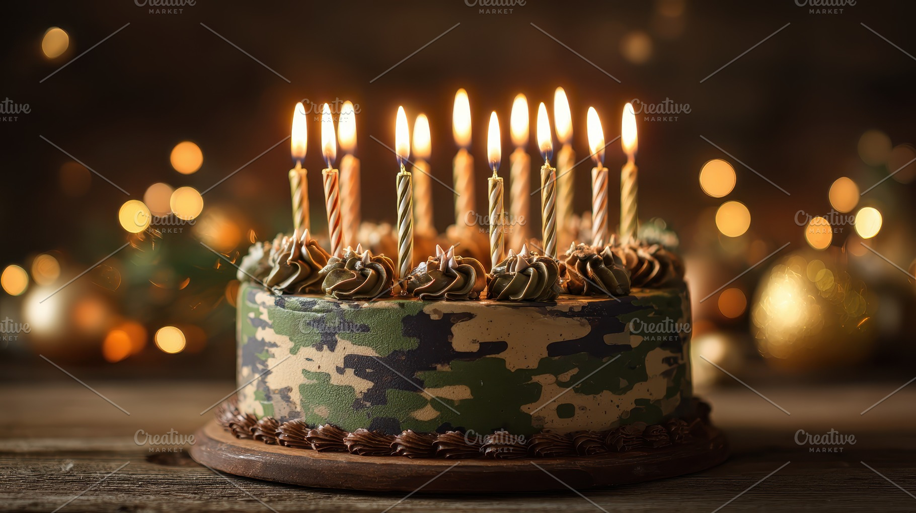 Camo Birthday Cake with Lit Candles, a Photo by Pixeness Studio