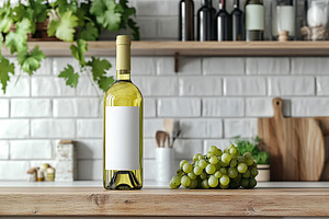 White wine bottle with blank label displayed on wooden kitchen counter with fre, a Food & Drink Photo by AlyaAnd