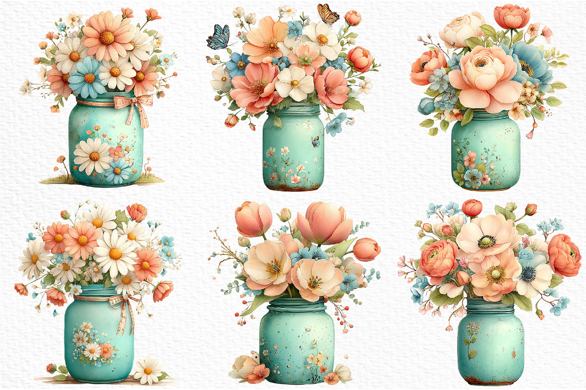 Watercolor Spring Mason Jar Clipart, an Illustration by Craft Nest (Photo 3 of 12)
