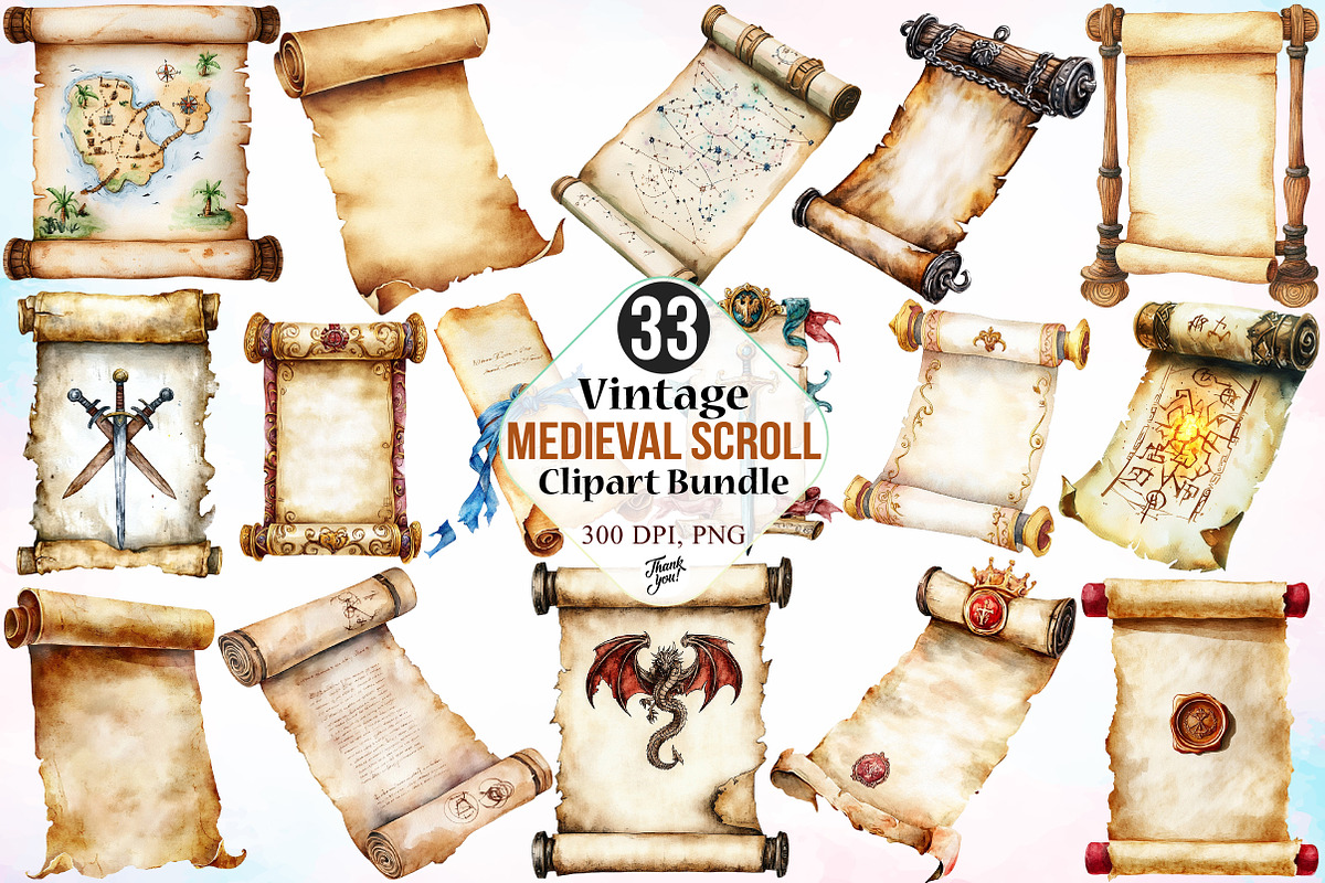 Vintage Medieval Scroll Clipart PNG, an Illustration by Canvas Craft (Photo 1 of 3)