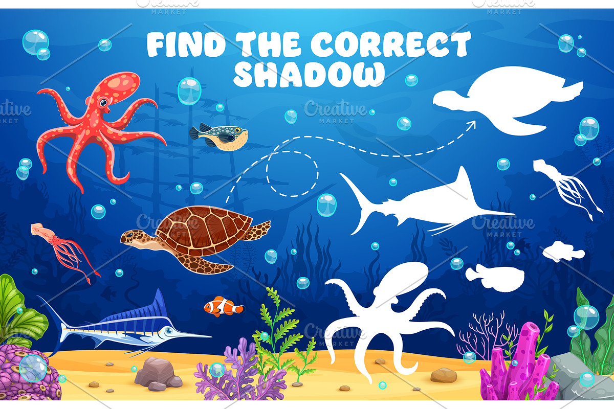 Find a correct shadow of sea animals, an Animal Illustration by Vector Tradition