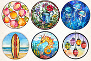 Round Stained Glass Summer Clipart, an Illustration by DreamCafeArt (Thumbnail 2 of 7)