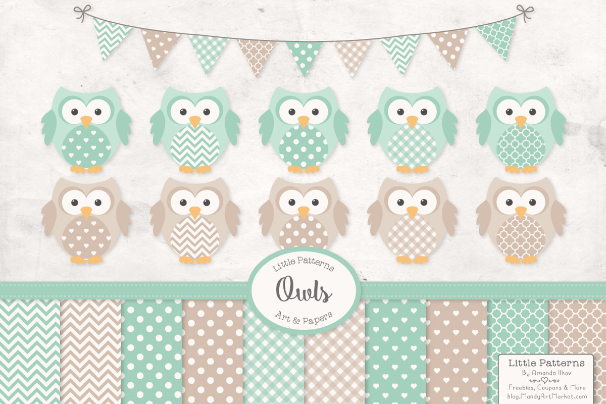 Mint Green Vector Owls & Papers, an Animal Illustration by Amanda Ilkov (Photo 1 of 3)
