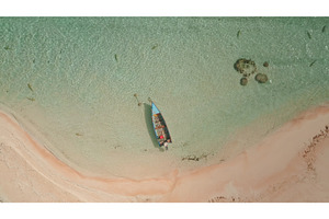 Lonely boat anchored near a pink, a Nature Photo by Goinyk