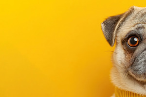 Adorable pug dog half portrait with expressive eye on bright yel, an Animal Photo by José Manuel Gelpi
