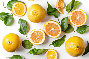 Fresh grapefruits with green leafs on white background, a Food & Drink Photo by AlyaAnd
