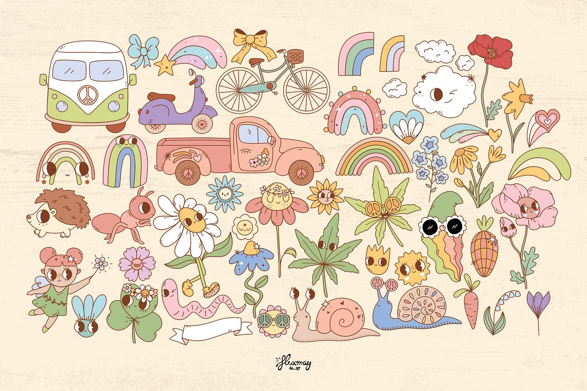 Flower power - retro groovy bundle, an Object Illustration by Huxmay (Photo 3 of 13)