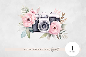Floral Camera Watercolor Clipart PNG, a Work Illustration by illuztrate