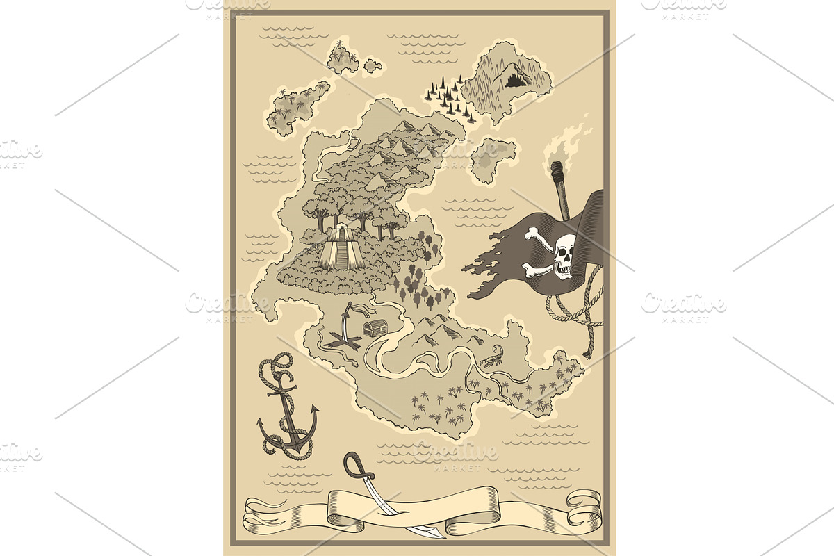 Old antique treasure map. Cartoon, an Illustration by the8monkey