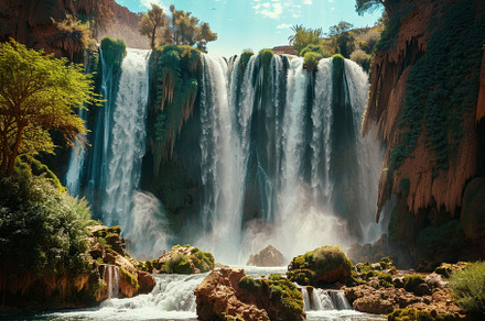 A powerful waterfall tumbles over ru, a Photo by Tanuart