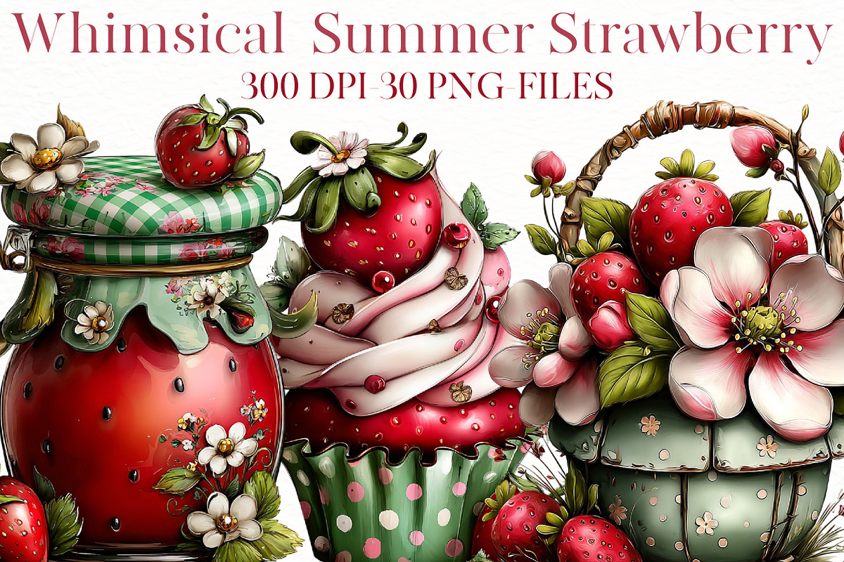 Whimsical Summer strawberry clipart, an Illustration by Designworld (Photo 1 of 7)