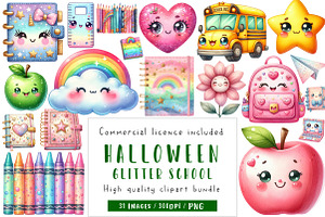 Kawaii Glitter School Clipart, an Illustration by CreationArt