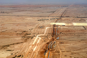 Aerial view of pipeline construction in the desert near Riyadh in Saudi Arabia, an Industrial Photo by Leonid Andronov