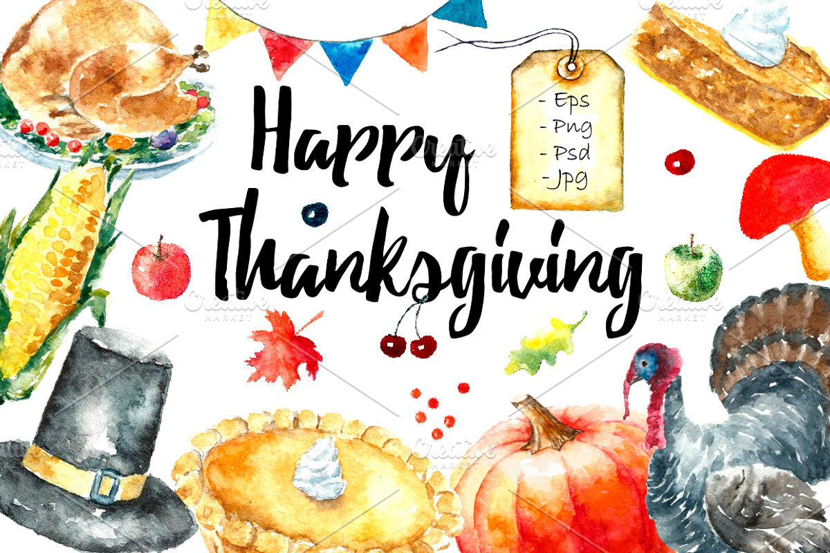 Watercolor Happy Thanksgiving set., a Food Illustration by Vikeriya (Photo 1 of 3)