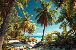 Tropical scene with tall palm trees, a Photo by Pavel_design