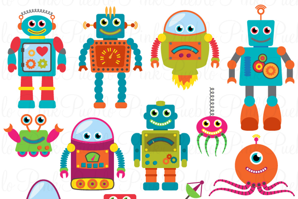 Retro Robots Clipart & Vectors, a Technology Illustration by PinkPueblo